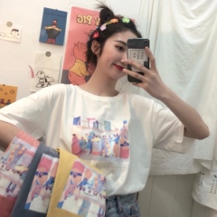 Real shot pure cotton loose thread collar versatile T-shirt for women