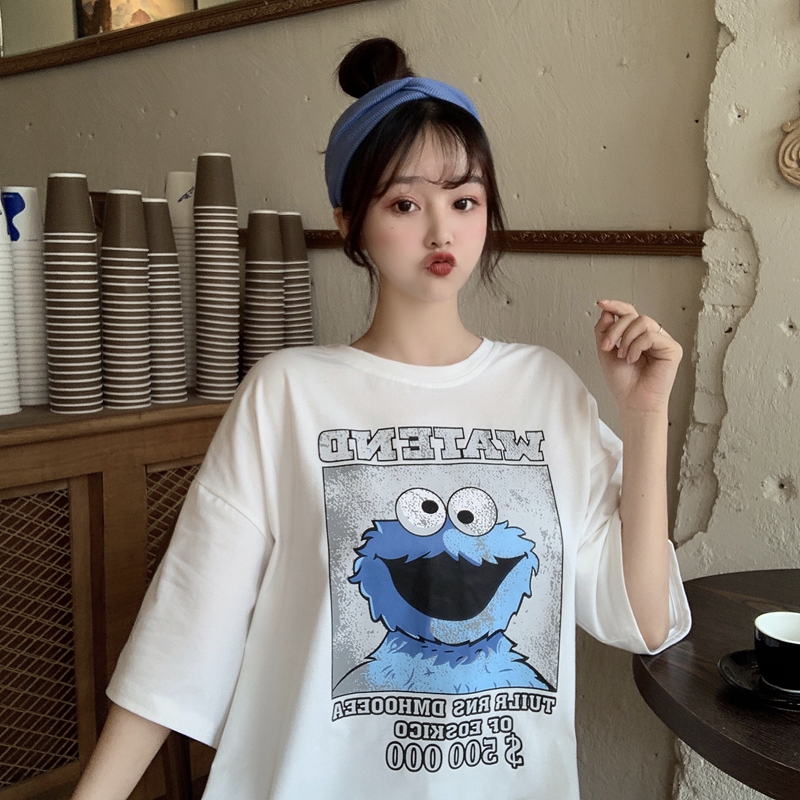 Korean Pullover short sleeve women's loose cartoon print versatile top