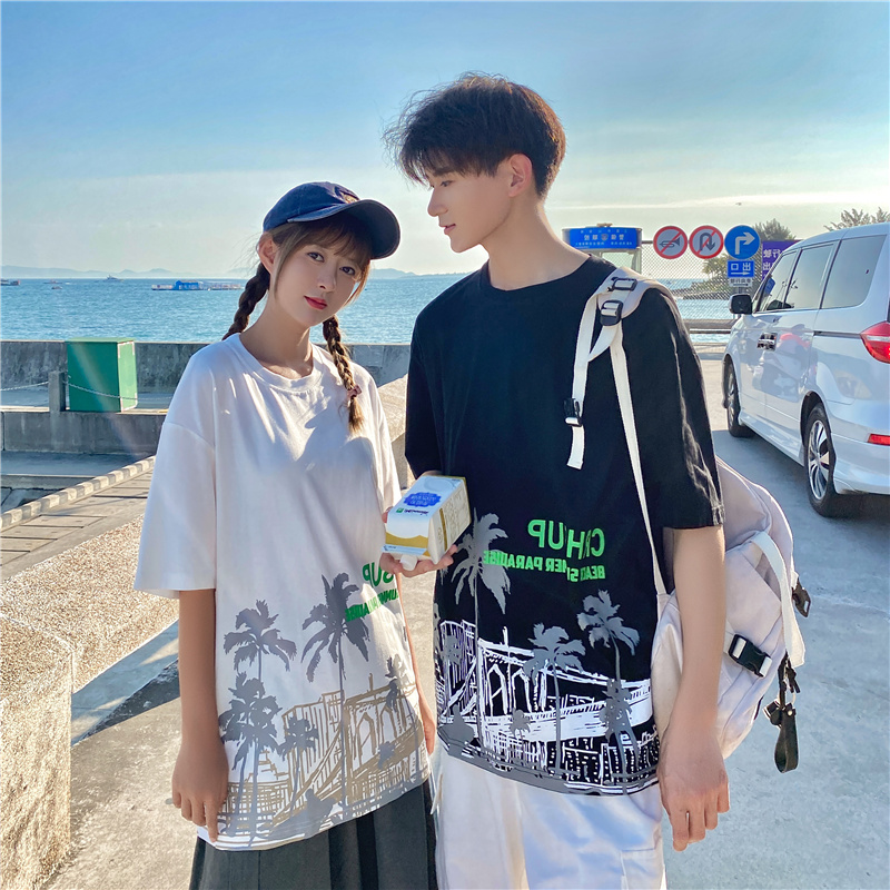 實拍椰樹印花夏季情侶裝tee恤學院風學生短袖T恤