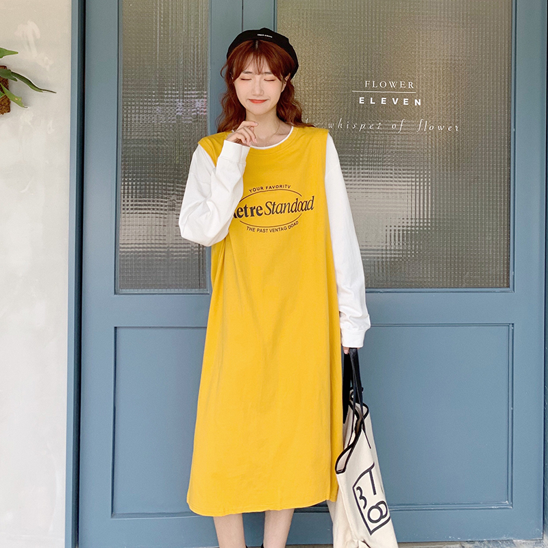 Real shot with white stitching and fake two over the knee long dress