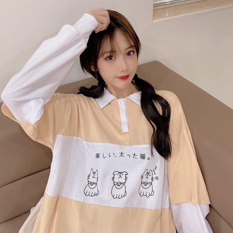 Real time academy style cute cat print loose Lapel button long sleeve shirt