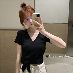 Real shot collar short sleeve T-shirt women's short bandage minority design