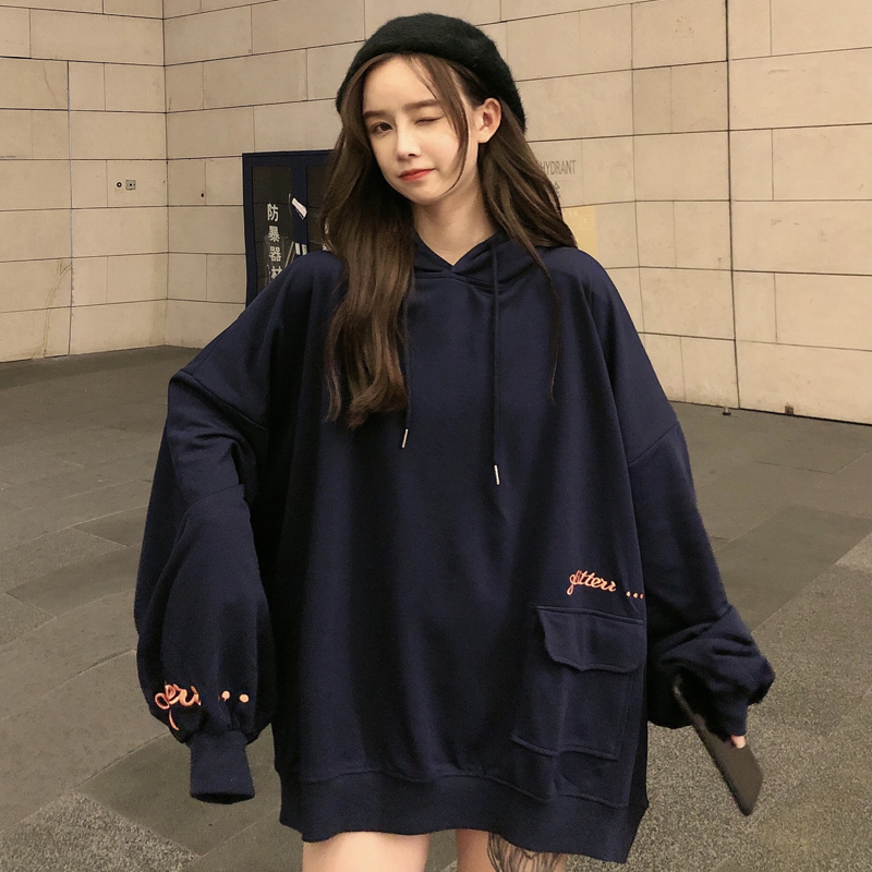 Real shot hooded sweater women's long sleeve loose size embroidery