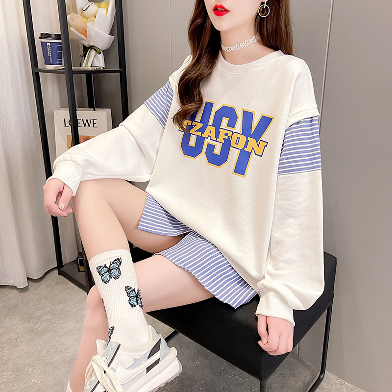 Real photos of women's bodyguards spring and autumn thin new long sleeve T-shirt fake two large women's clothes
