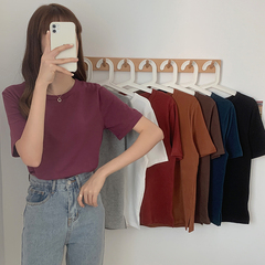 Real shot 8-color pure cotton solid split and versatile short sleeve girl