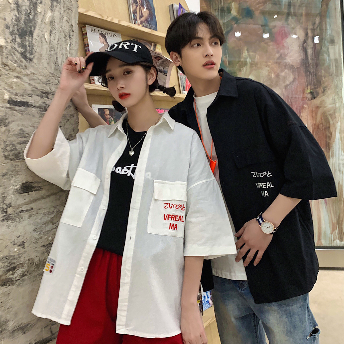 Real shot of summer Japanese Short Sleeve couple's shirt