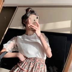 實拍蕾絲網紗拼接假兩件寬鬆韓版恤女夏季新款潮