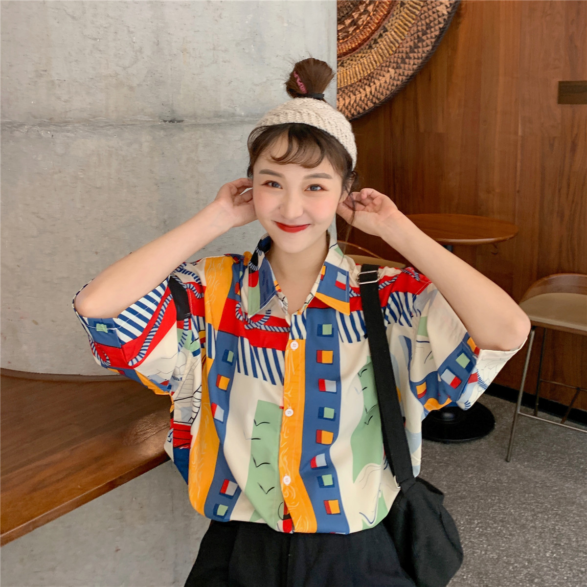 Real shot short sleeve shirt women's Retro Hong Kong Style versatile summer student Komatsu Hara suzerain shirt