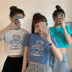 原創實拍 小視頻 小熊露臍短袖t恤女韓版閨蜜裝短款上衣chic