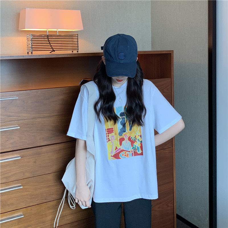 Hong Kong style retro oil painting printed short sleeve T-shirt