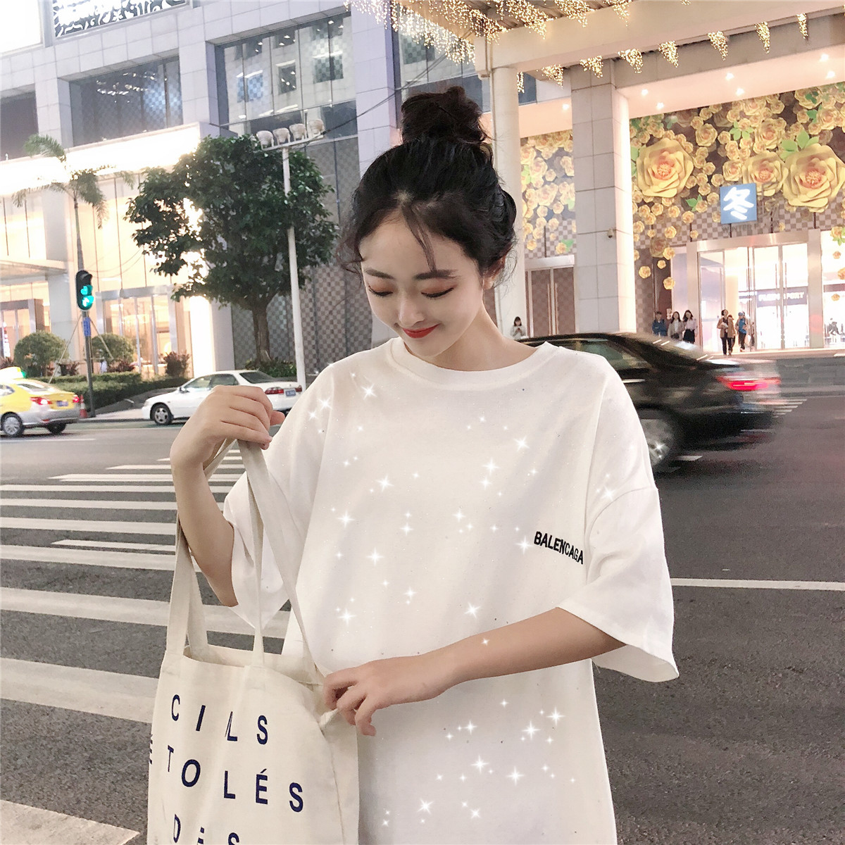 Real shot cotton academy style short sleeve T-shirt shows thin loose Sequin medium length half sleeve top