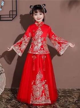 中国风女童旗袍春季儿童拜年服红色汉服唐装秀禾服公主裙中式礼服