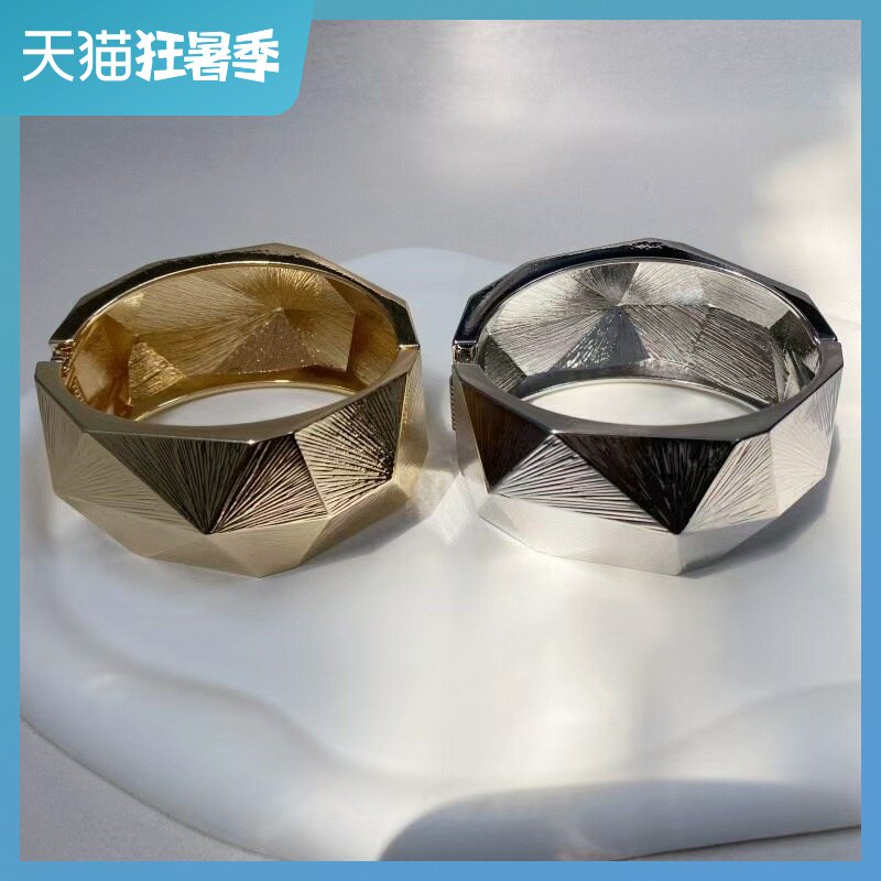 欧美夸张金属纹理切面宽手镯设计感几何不规则手环女合金