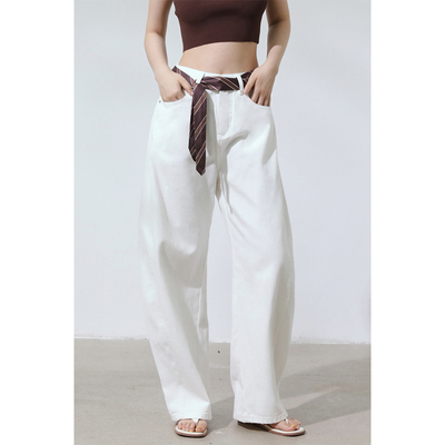 room入目 休闲裤美式复古弧形弯刀自带自然腰女装白色领带阔腿裤