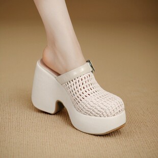 10.5cm夏季新外穿厚底包头镂空透气半拖女休闲时尚百搭法式女凉鞋