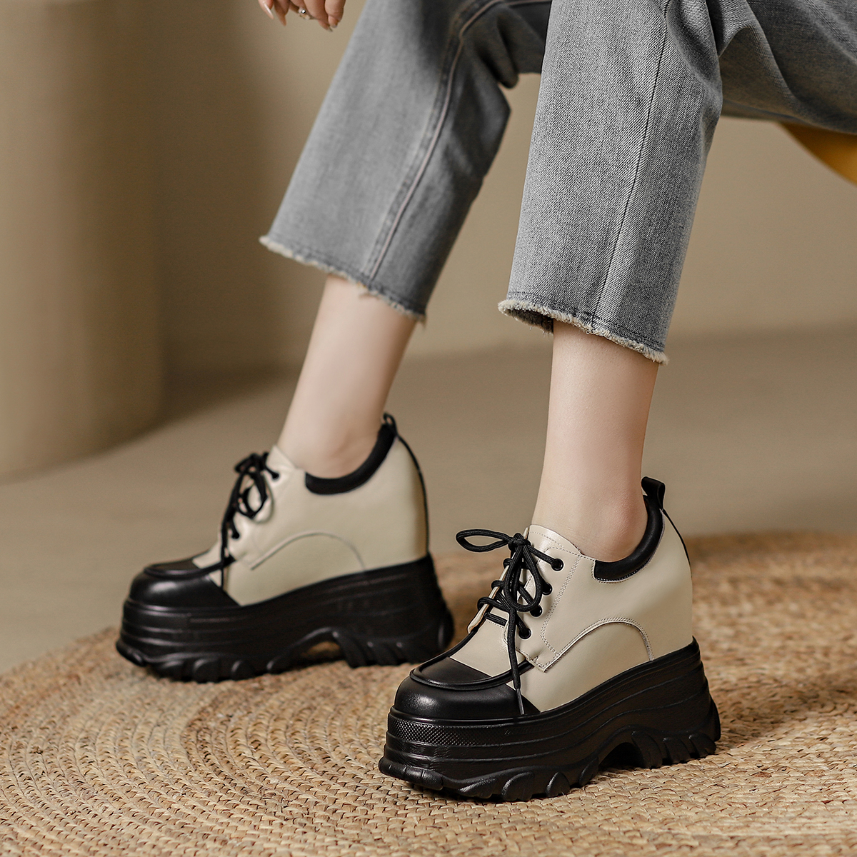 内增高小个子增高系带拼色女单鞋