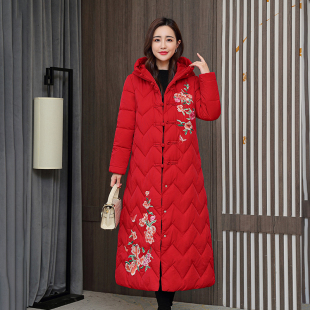 2024新款连帽中长款过膝加厚羽绒棉服女冬绣花唐装中国风旗袍外套