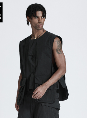 诺凡希春秋薄款多口袋工装马甲男机能风机甲叠穿黑色欧美拉链外套