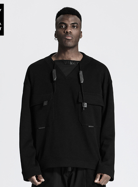 诺凡希新款黑色套头卫衣男时尚落肩袖双口袋V领拼接设计潮牌男t恤