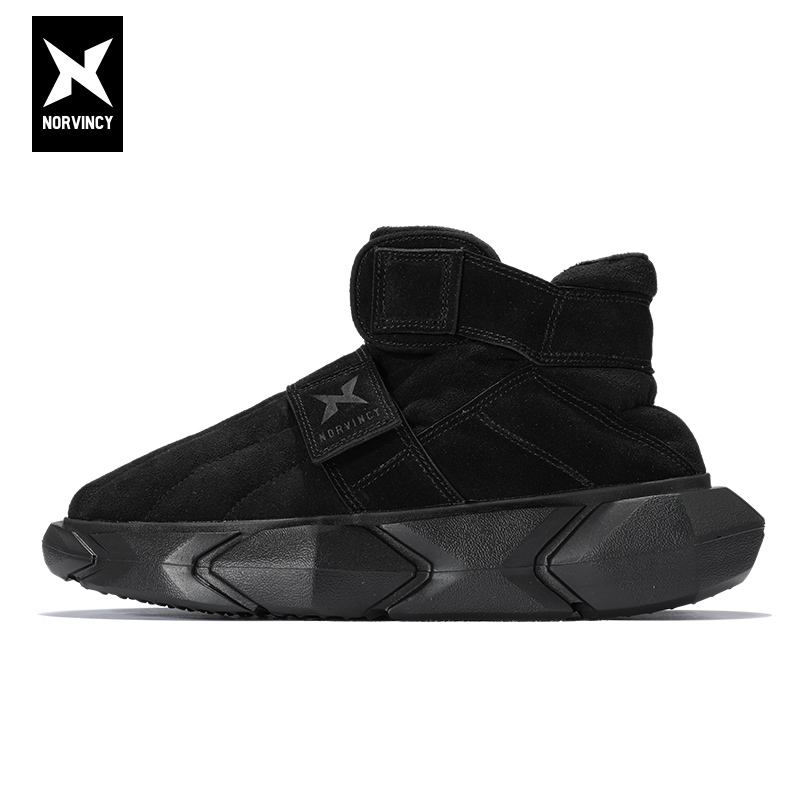 诺凡希冬季纯色中帮雪地靴厚底增高男女魔术贴反绒拼接二棉面包鞋