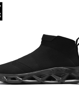诺凡希网面飞织纯色黑武士中帮板鞋男一脚蹬透气春秋厚底增高靴子