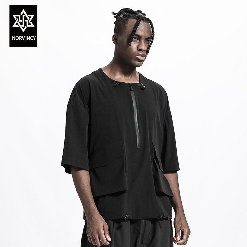 诺凡希夏季男士短袖多口袋机能风五分袖潮流时尚宽松透气圆领上衣