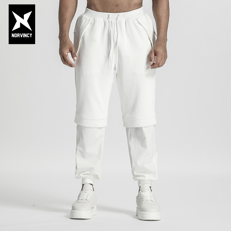 诺凡希\春秋休闲卫裤男女拉链多口袋i潮酷拼接假两件宽松束脚长裤