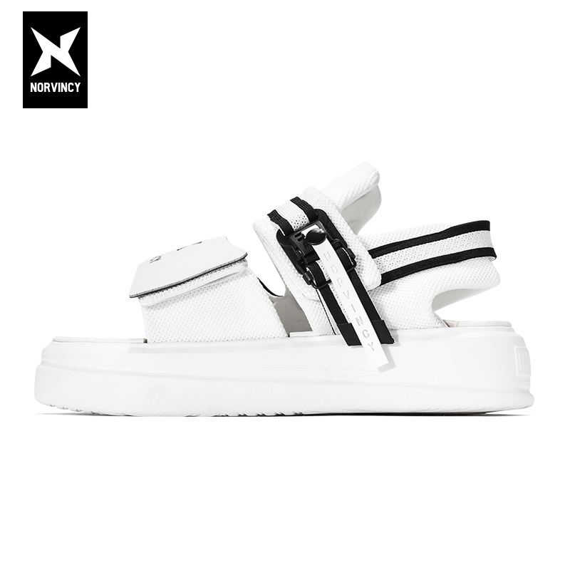 夏季魔术贴厚底增高男士沙滩鞋黑白条纹撞色休闲软底踩屎感凉鞋潮