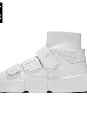 诺凡希春秋魔术贴皮革小白鞋潮鞋子厚底增高一脚蹬男生黑武士板鞋