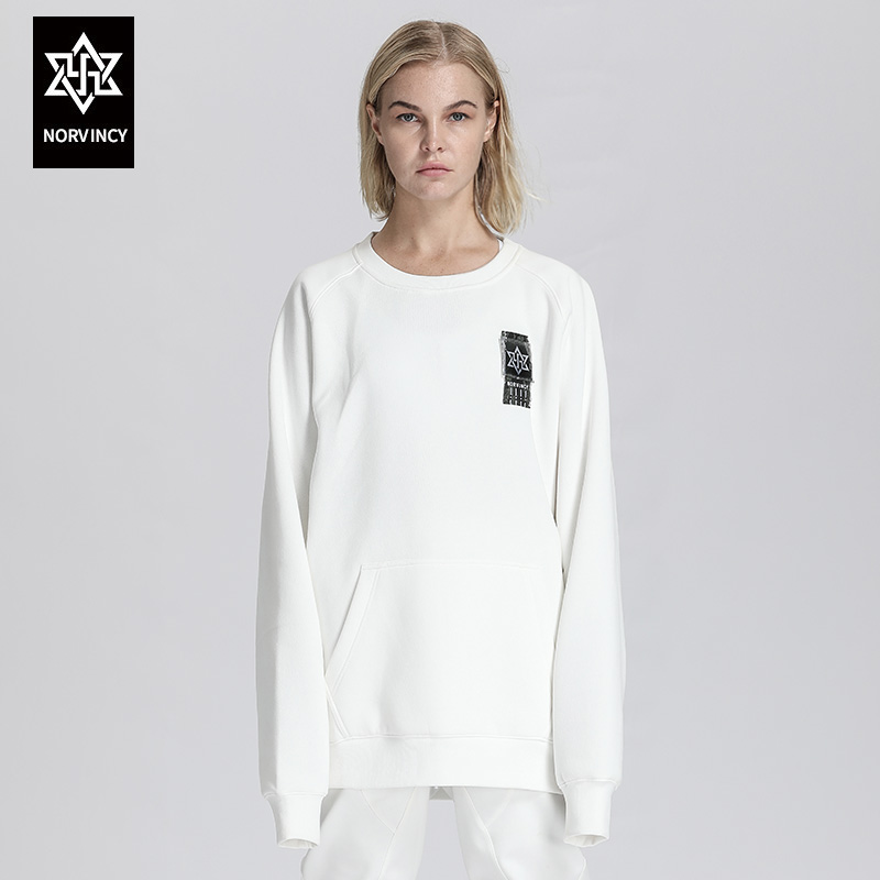 诺凡希宽松简约卫衣女圆领个性logo标识袋鼠兜白色加绒保暖套头衫