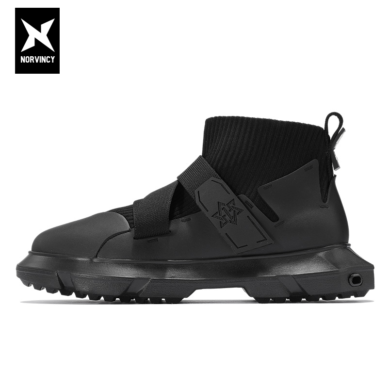 诺凡希春秋休闲中帮马丁靴魔术贴小白鞋透气潮男女一脚蹬袜套鞋子