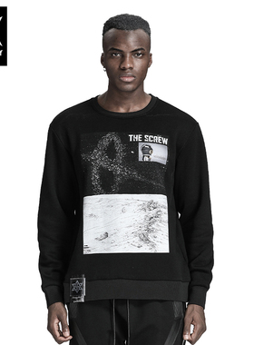 诺凡希^秋冬圆领加绒休闲无帽卫衣男女探索宇宙印花长袖保暖衣服