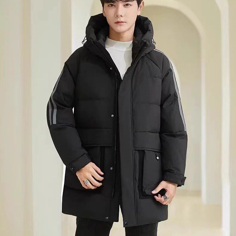 2025冬季新款 青年男士加厚中长款连帽羽绒服休闲时尚白鸭绒外套