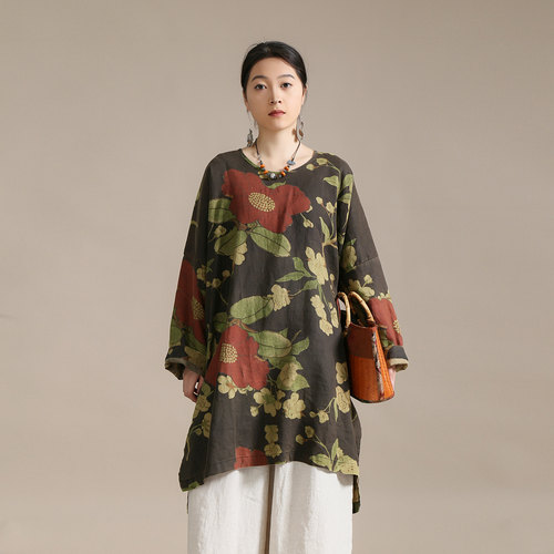 【以之】设计师品牌原创气质圆领上衣慵懒宽松百搭开衩小衫女