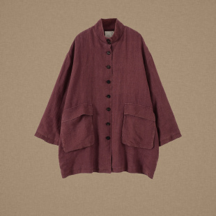 设计师品牌原创复古立领宽松大版 双层抗风亚麻外套女 以之