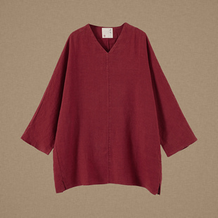 设计师品牌原创亚麻宽松大版 v领开叉上衣百搭显气质小衫 以之