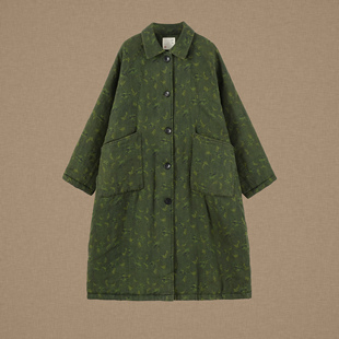 【以之】设计师品牌原创设计翻领排扣亚麻外套大口袋保暖长款棉衣