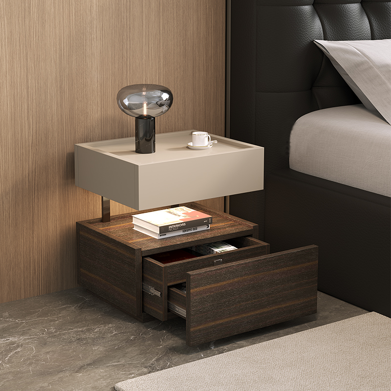 意式极简实木床头柜带灯一体柜子