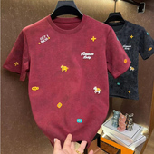 宽松短袖 小马刺绣T恤男轻奢重工百搭高级感圆领时尚 上衣 新款 夏季