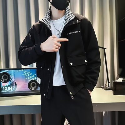 春秋季2025新款工装外套男士潮牌痞帅高级感男款千鸟格子立领夹克