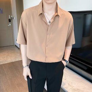 潮流休闲宽松上衣垂感五分袖 轻熟风夏季 男短袖 薄款 衬衣服 冰丝衬衫