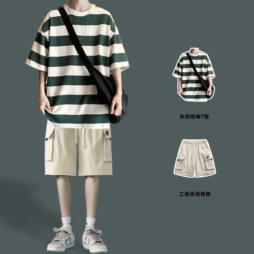 夏季条纹短袖t恤男潮牌学生盐系男友风酷帅穿搭工装短裤两件套装