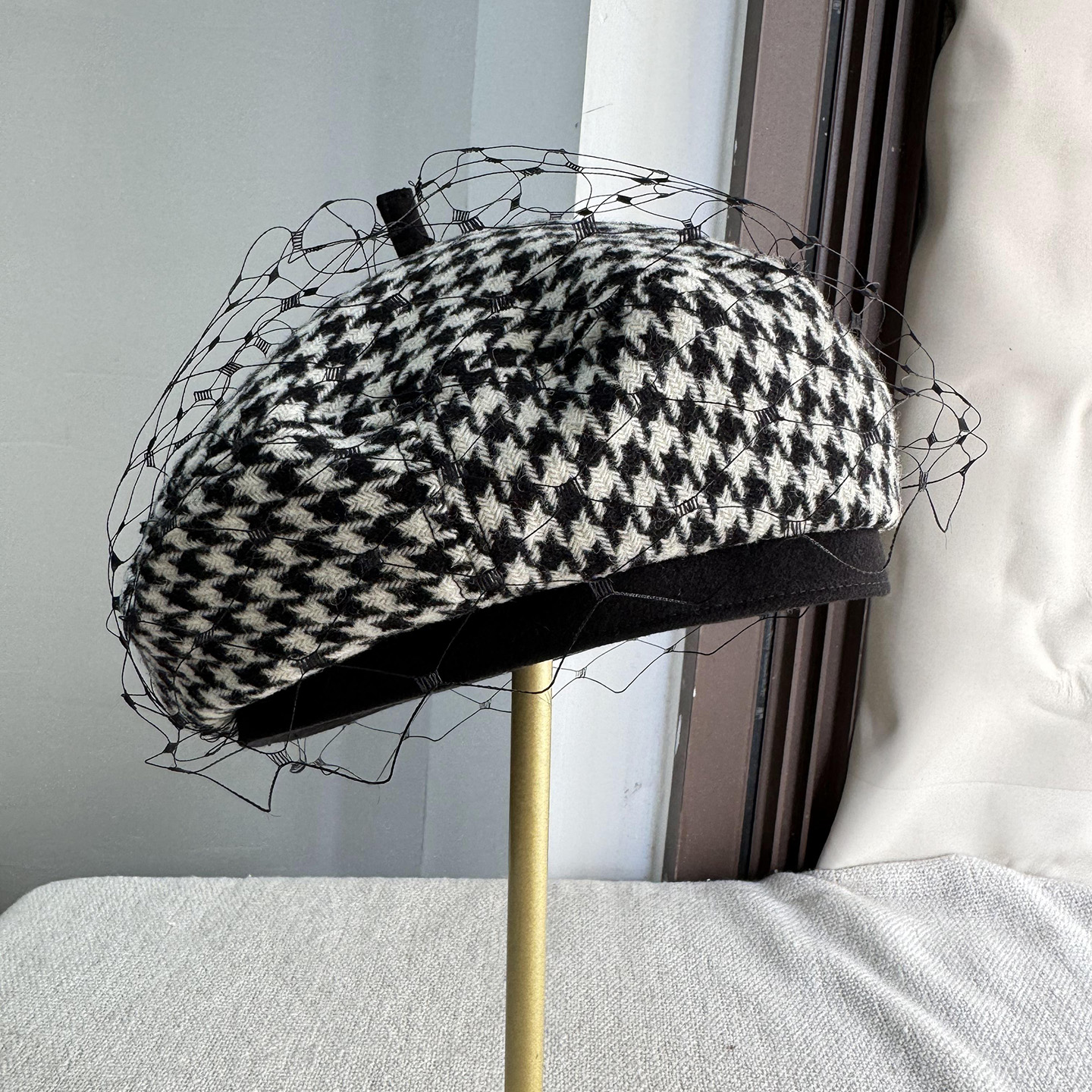 千鸟格蕾丝纯羊毛贝雷帽子女秋冬时尚名媛风画家帽气质百搭蓓蕾帽