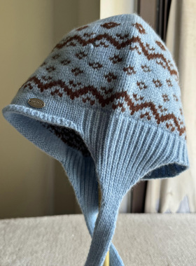 红色费尔岛提花飞行帽纯羊毛保暖护耳雷锋帽秋冬北欧风针织帽潮女