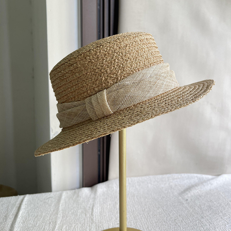 法式小香风春夏拉菲草平顶草帽女小沿礼帽防晒帽时尚百搭旅游盆帽