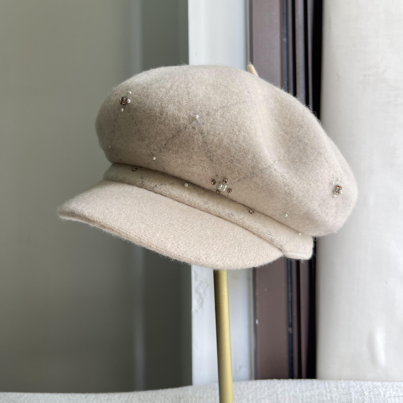 2024年羊毛手工水钻八角帽女米色咖色画家帽子秋冬保暖百搭鸭舌帽