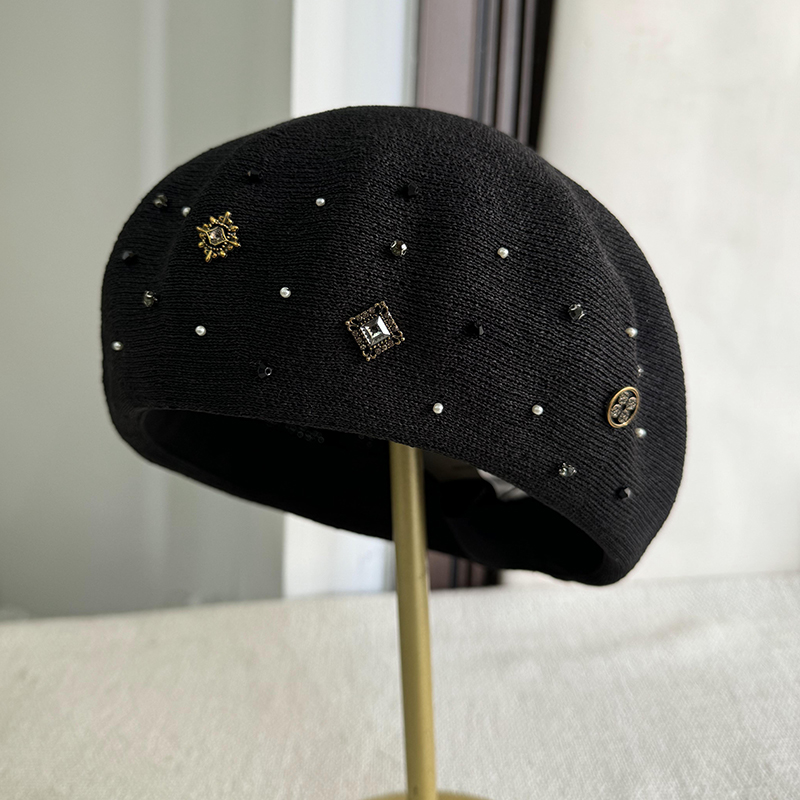 日本和纸黑色手工装饰精致贝雷帽子女防晒春夏新款轻薄透气画家帽