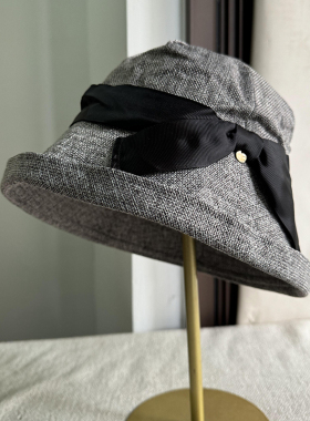 出日本单灰色大沿亚麻渔夫帽子女春夏复古防晒遮阳水桶帽可折叠帽