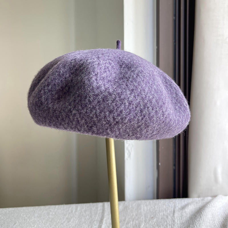 紫色高级感纯羊毛贝雷帽子女秋冬大头围显脸小画家帽保暖蓓蕾帽潮