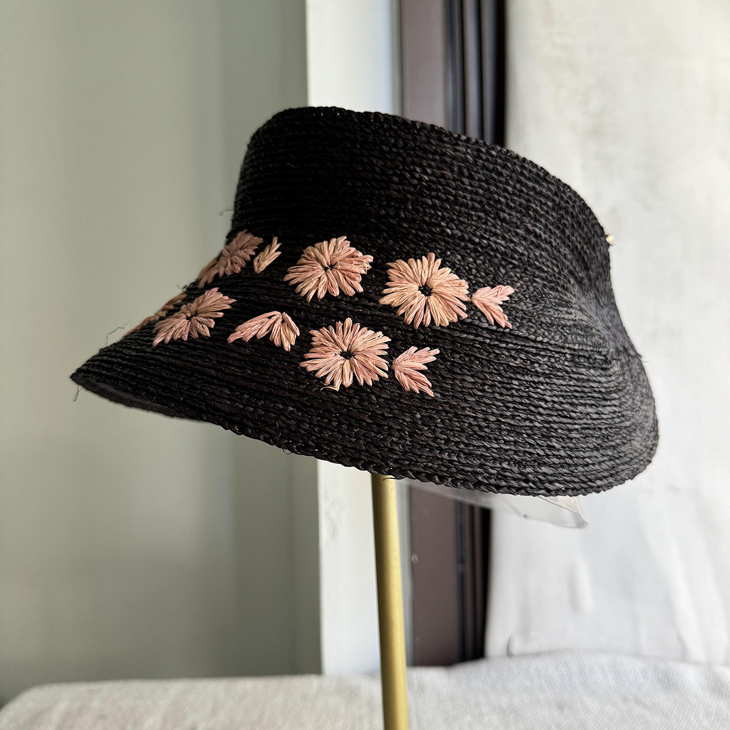 天然拉菲草手工提花空顶帽子女春夏天防晒遮阳帽无顶度假复古草帽